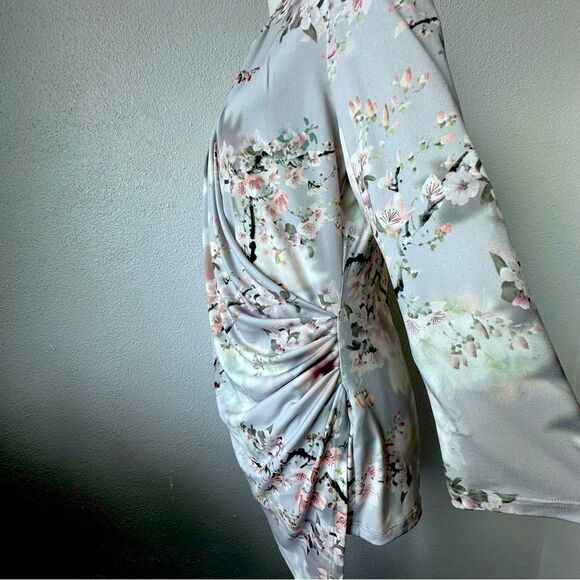 Calvin Klein Y2K Top Floral Ruched Split Neck Stretch Shirt - Picture 7 of 16